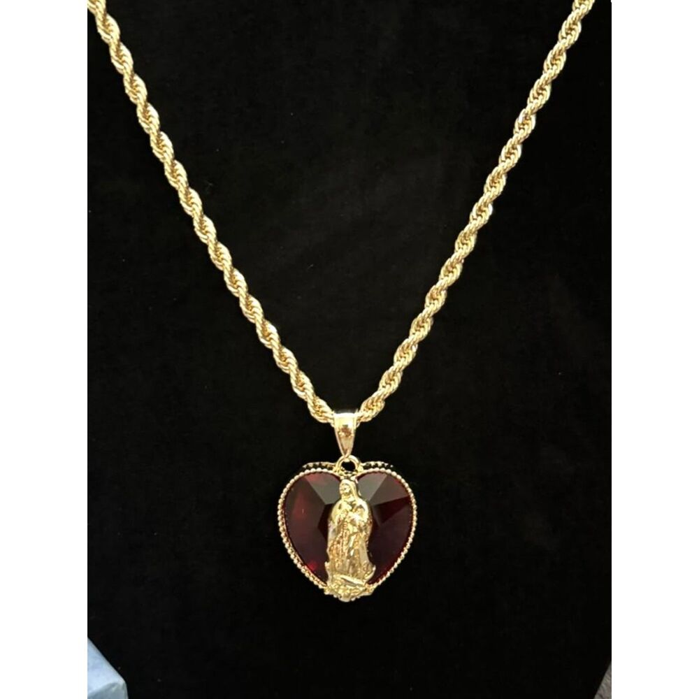 18K Gold Filled Virgin Mary Guadalupe Red Crystal Heart Pendant 4mm 20"